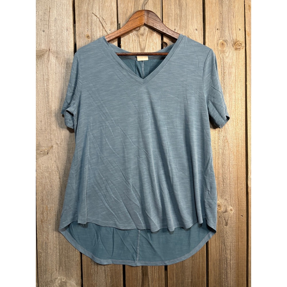MOD REF Womens Slub V-Neck High-Low Pleated Back T-Shirt Dusty Blue Large